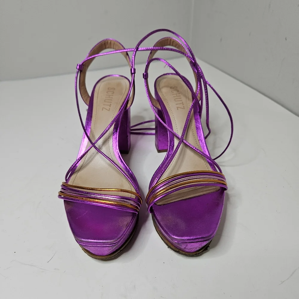 Schutz Arceli Platform in Bright Violet Metallic Ankle Tie Strap Women's 7.5